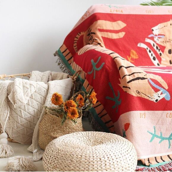 Tiger and Cheetah Boho Orange Woven Throw Blanket Tapestry Big Cats Don’t Cry - Picture 4 of 7